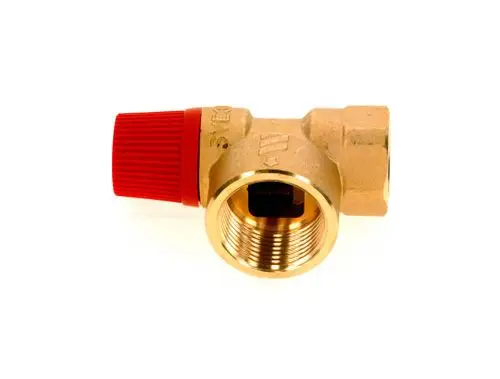 Sicherheitsventil von Bosch mit rotem Griff und goldfarbener Metalloberfläche, ausgestattet mit Innengewinde für den Anschluss.